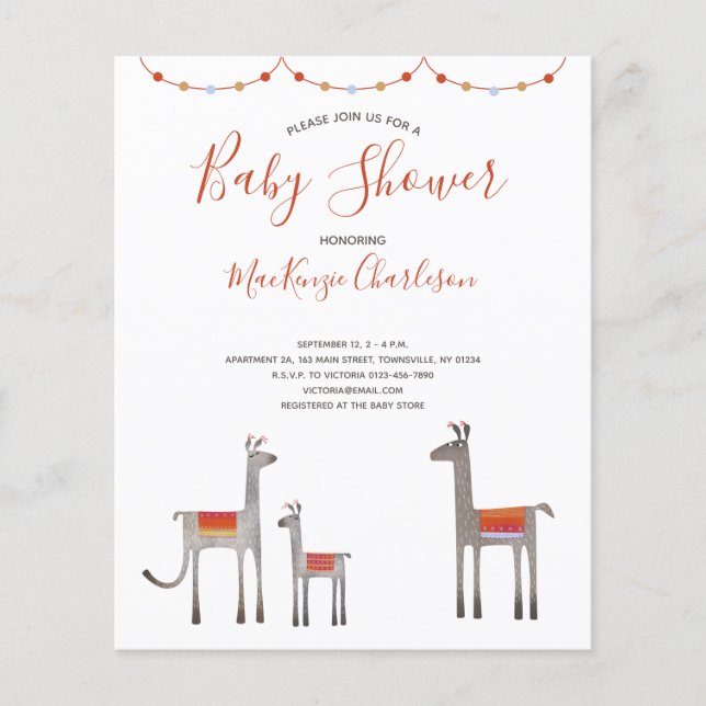 Invitation du Baby shower de Llama Budget (Devant)