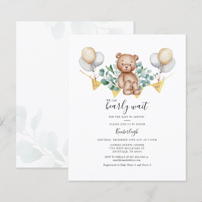 Invitation du Baby shower de l'ours Eucalyptus (Devant / Derrière)