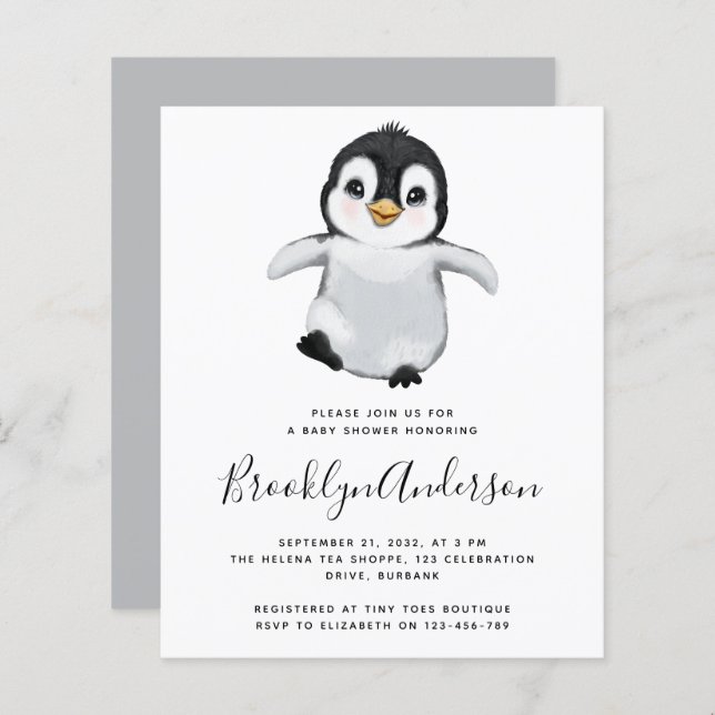 Invitation du Baby shower de pingouin gris BUDGET (Devant / Derrière)