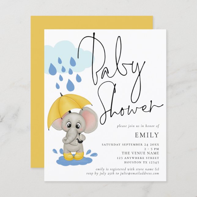 Invitation du Baby shower de pluie d'éléphants bud (Devant / Derrière)