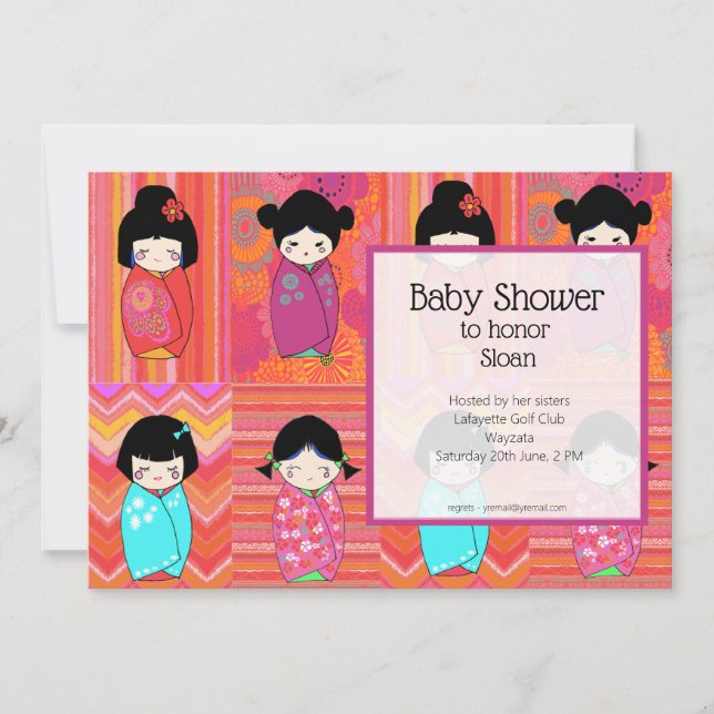 Invitation du Baby shower de poupées Kokeshi (Devant)