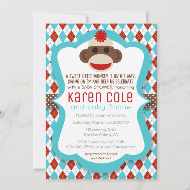 Invitation du Baby shower de singe de Sock (Devant)