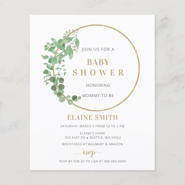Invitation du Baby shower d'or Budget Greenery (Devant)