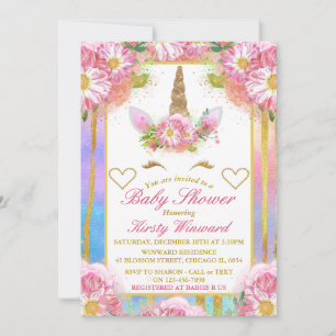 Invitation du Baby shower d'or rose face Unicorn