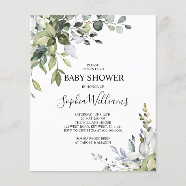 Invitation du Baby shower floral Eucalyptus Budget (Devant)