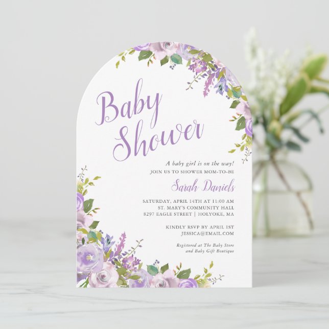 Invitation du Baby shower floral Lilac (Debout devant)