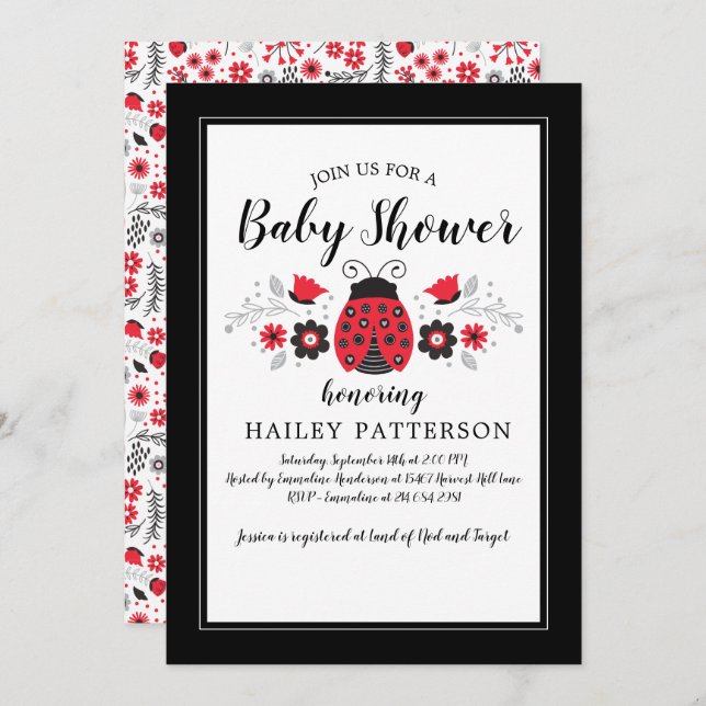 Invitation du Baby shower Floral Red Ladybug (Devant / Derrière)