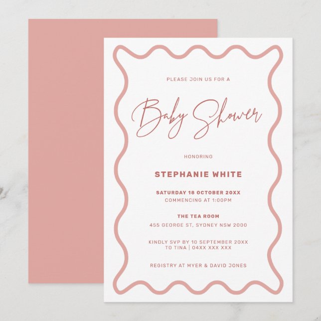 Invitation du Baby shower frontalier rose (Devant / Derrière)