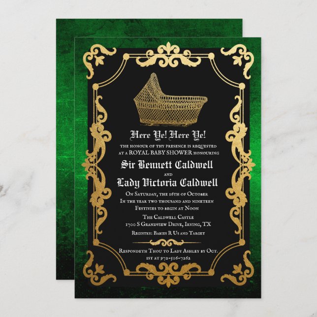 Invitation du Baby shower goth de la Renaissance m (Devant / Derrière)