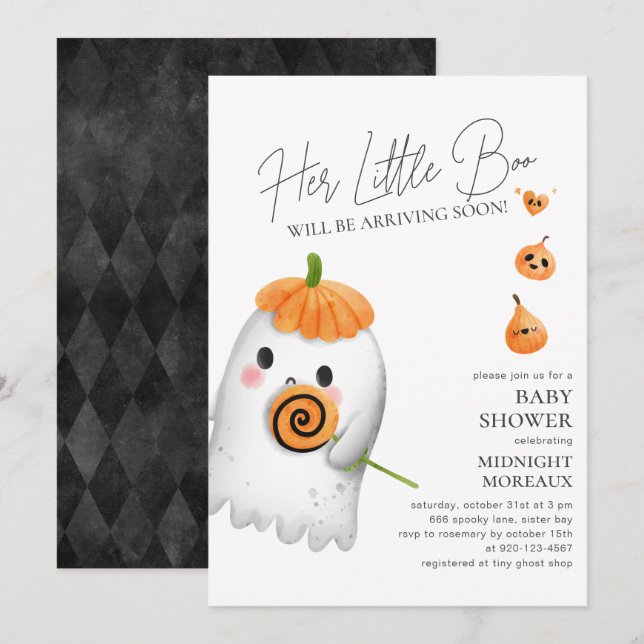 Invitation du Baby shower Little Boo Halloween (Devant / Derrière)