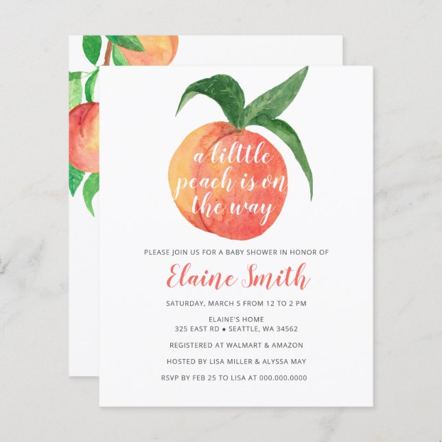 Invitation du Baby shower Little Peach Budget (Devant / Derrière)