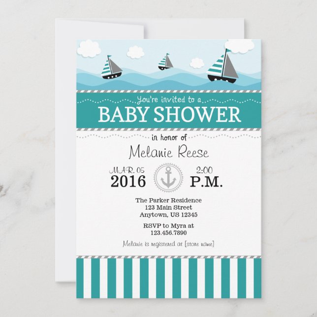 Invitation du Baby shower nautique bleu turquoise (Devant)