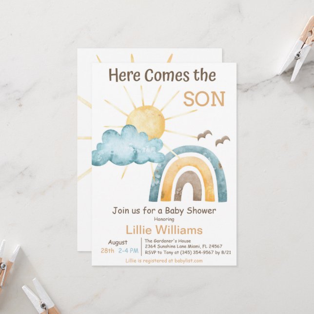 Invitation du Baby shower Retro Sunshine (Devant/Arrière en situation)