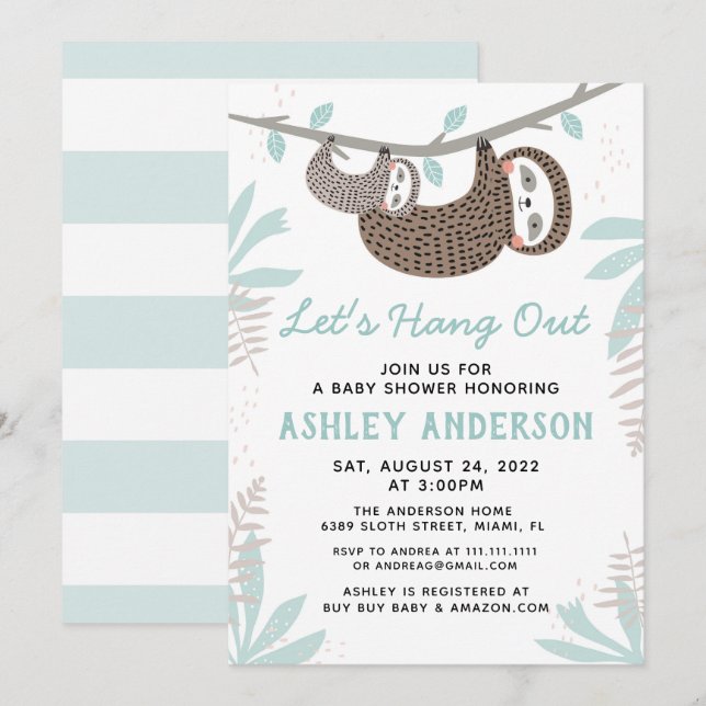 Invitation du Baby shower Sloth (Devant / Derrière)