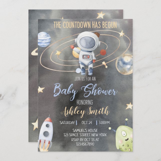 Invitation du Baby shower spatial astronaute (Devant / Derrière)