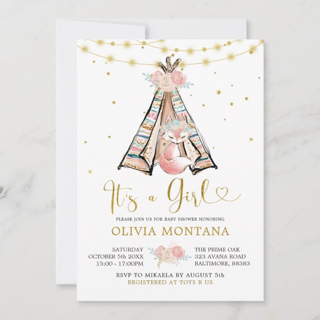 Invitation du Baby shower Teepee Pink Floral Fox (Devant)