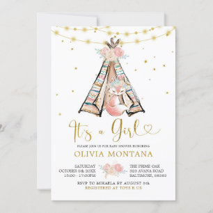Invitation du Baby shower Teepee Pink Floral Fox