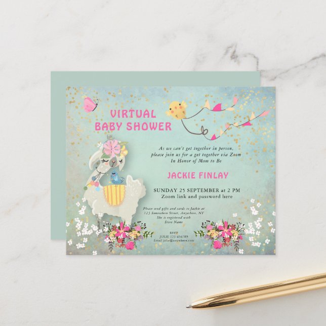 Invitation du Baby shower virtuel Llama Budget (Devant/Arrière en situation)