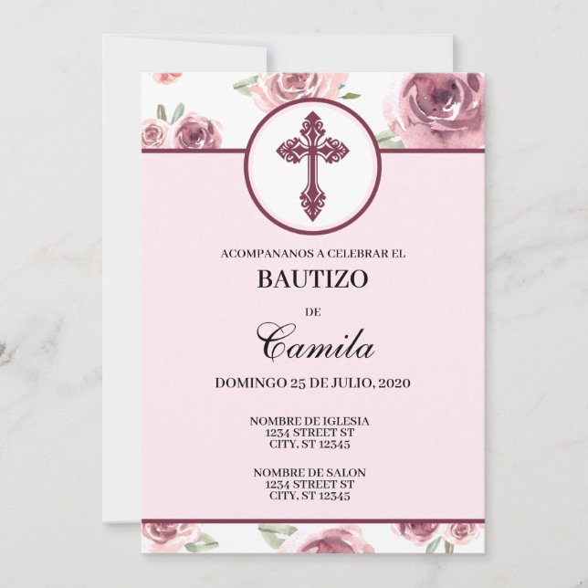 INVITATION DU BAPTISME FLORAL BURGUNDAIS (Devant)