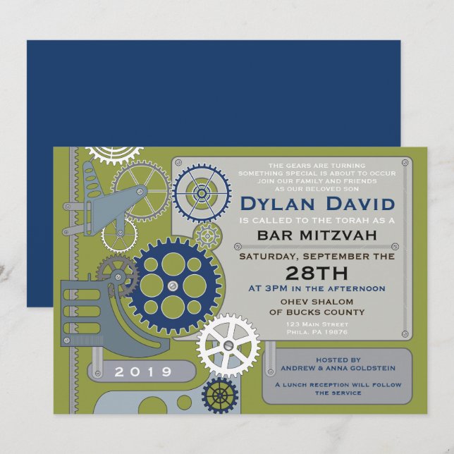 Invitation du Bat mitzvah Barre GEARS (Devant / Derrière)