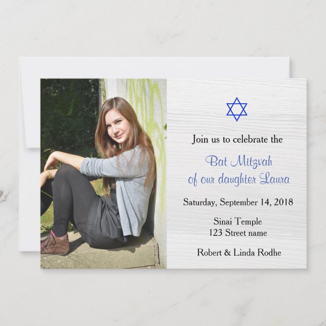 Invitation du Bat mitzvah Blue Star et White Wood (Devant)