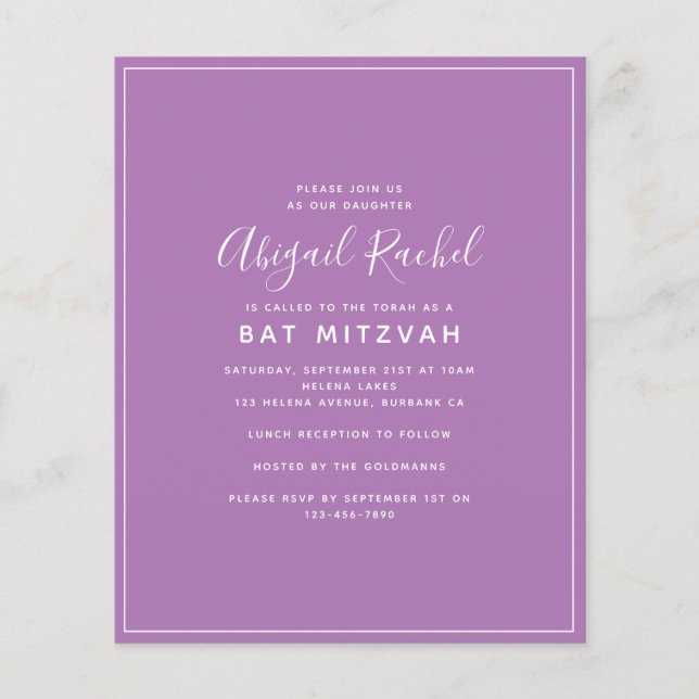 Invitation du Bat mitzvah budget moderne violet (Devant)