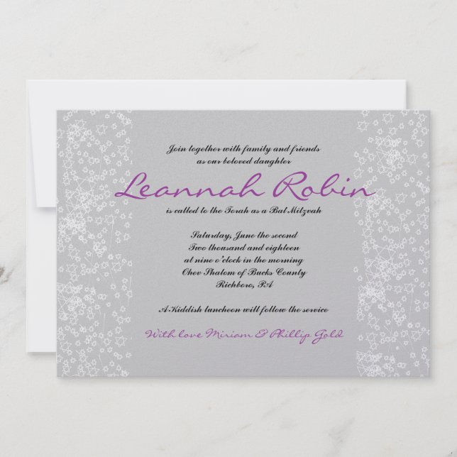 Invitation du Bat mitzvah de la barre d'ARBRE STAR (Devant)