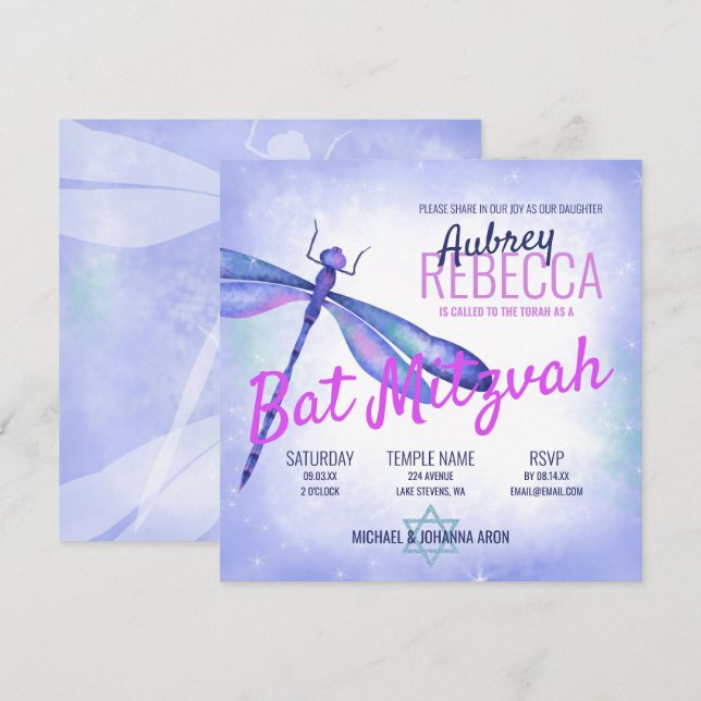 Invitation du Bat mitzvah de libellules bleu clair (Devant / Derrière)