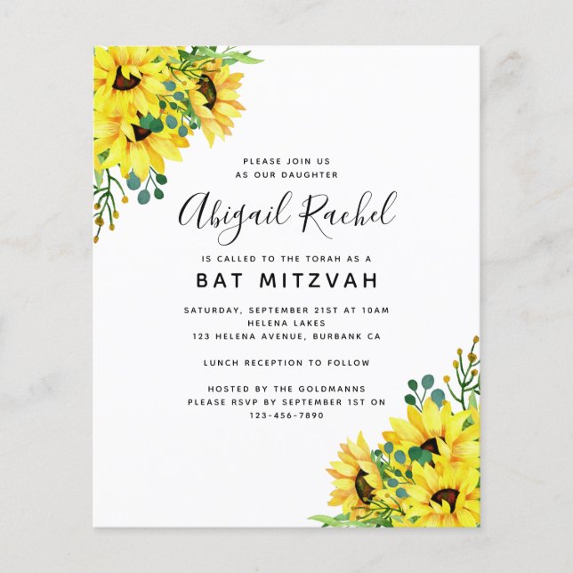 Invitation du Bat mitzvah du budget du tournesol d (Devant)