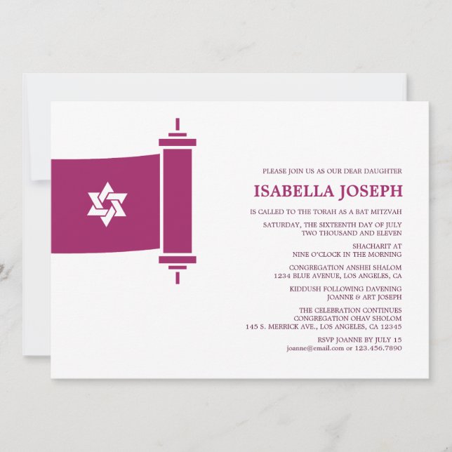 Invitation du Bat mitzvah Torah (Devant)