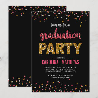 Invitation du Black Gold Pink Confetti Graduation