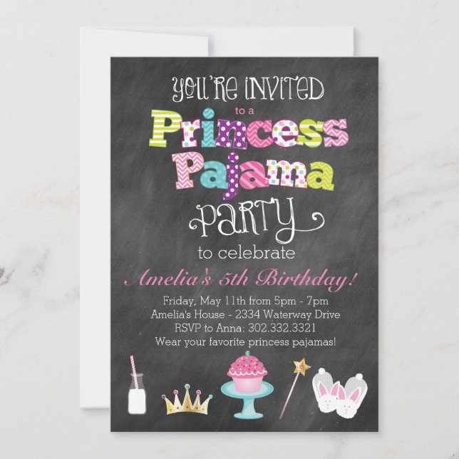 Invitation du Chalkboard Princess Pajama Party (Devant)