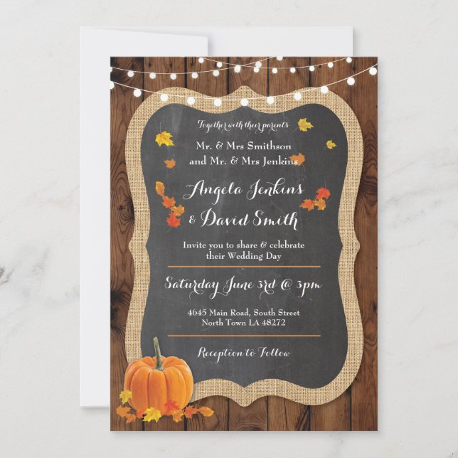 Invitation du Citrouille mariage Fall Wood Chalk P (Devant)