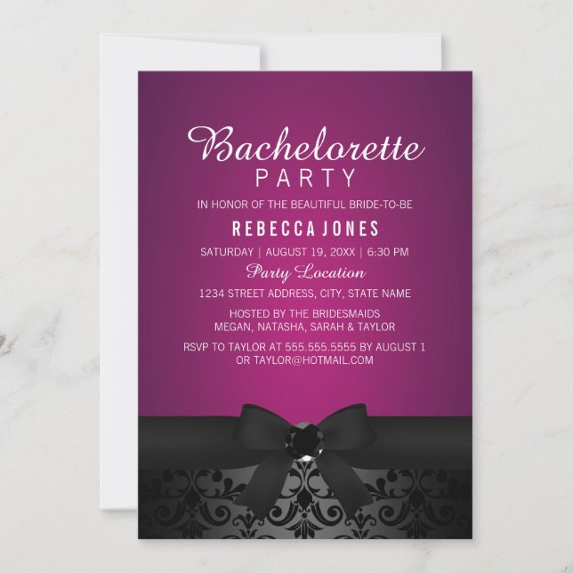 Invitation du Damask Black & Pink Bow Bachelorette (Devant)