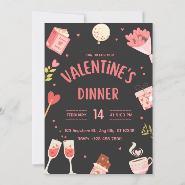 Invitation du dîner de Saint Valentin noir et rose (Devant)