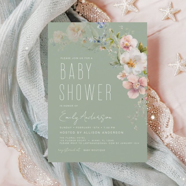 Invitation du Fleur sauvage de Baby shower Sage Gr (Créateur téléchargé)