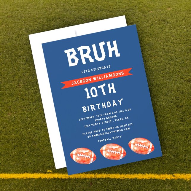 Invitation du garçon 10e anniversaire, argot moder (modern football boys birthday invitation , with the slogan bruh lets celebrate , fully personalized )