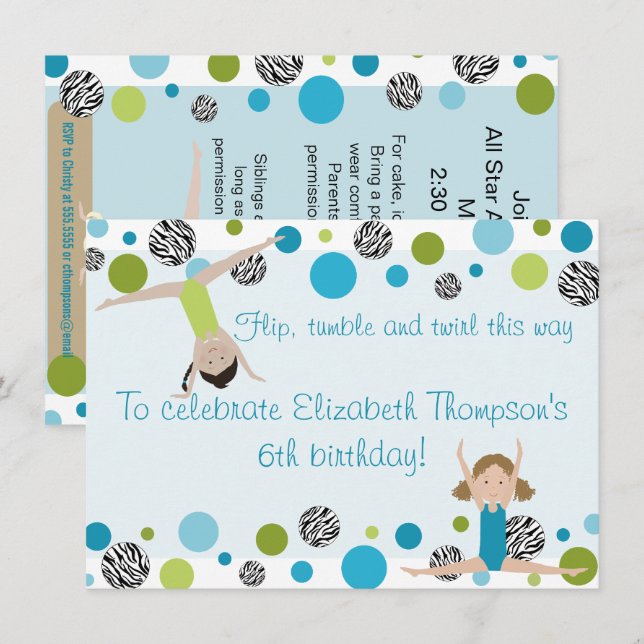 Invitation du Gymnastique Party Black, Aqua et Gre (Devant / Derrière)