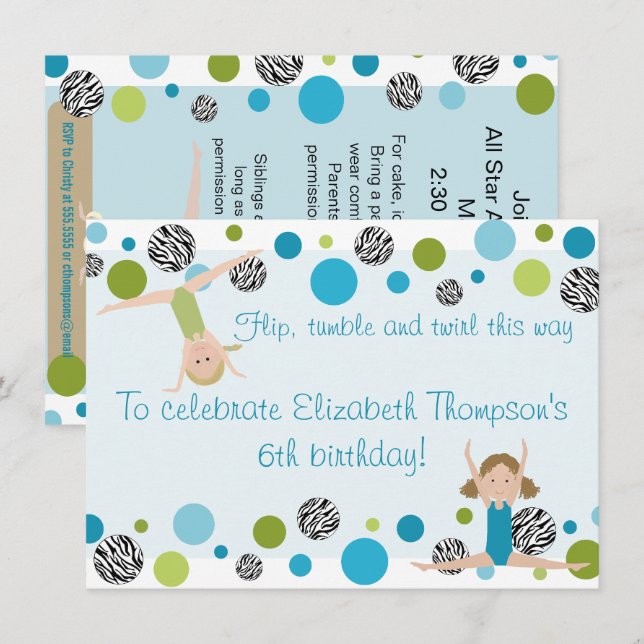 Invitation du Gymnastique Party Black, Aqua et Gre (Devant / Derrière)