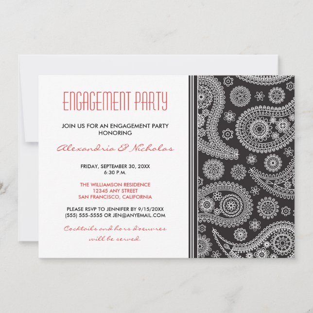 Invitation du Henna Paisley Engagement Party (noir (Devant)