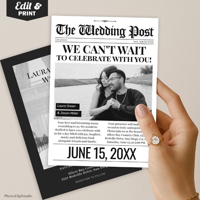 Invitation du journal mariage, mariage photo (Wedding Newspaper Invitation, Photo Wedding Invite)
