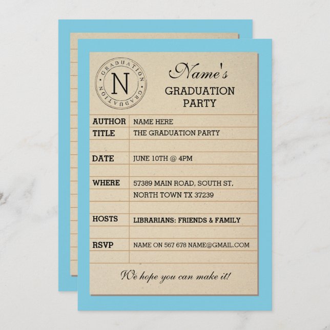 Invitation du livre bleu de la partie de graduatio (Devant / Derrière)