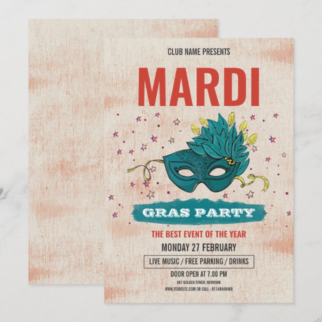 Invitation du Mardi Gras Party (Devant / Derrière)