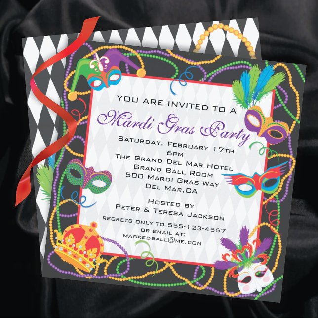 Invitation du Mardi Gras Party avec masques et per (Créateur téléchargé)