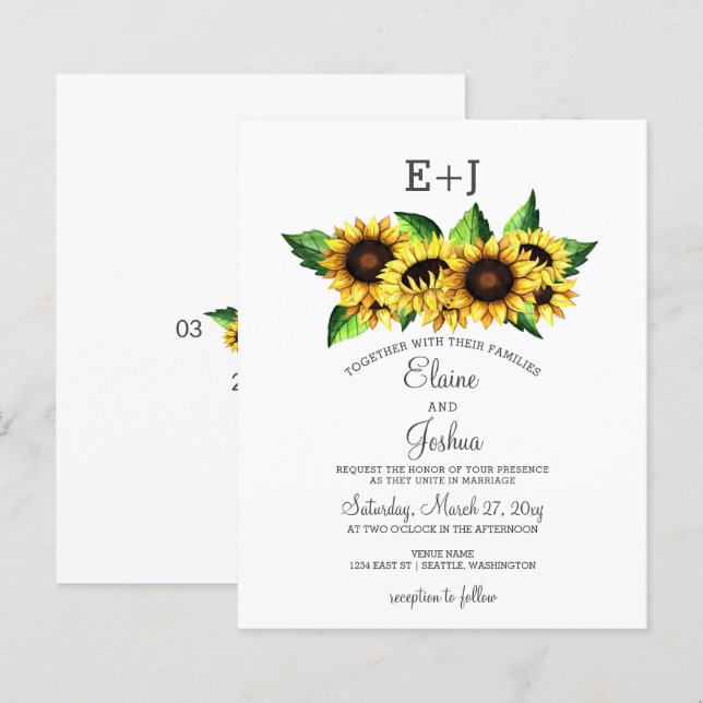Invitation du Mariage campagnard des tournesols du (Devant / Derrière)