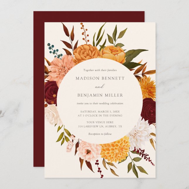 Invitation du Mariage de automne Floral Rose de Bo (Devant / Derrière)
