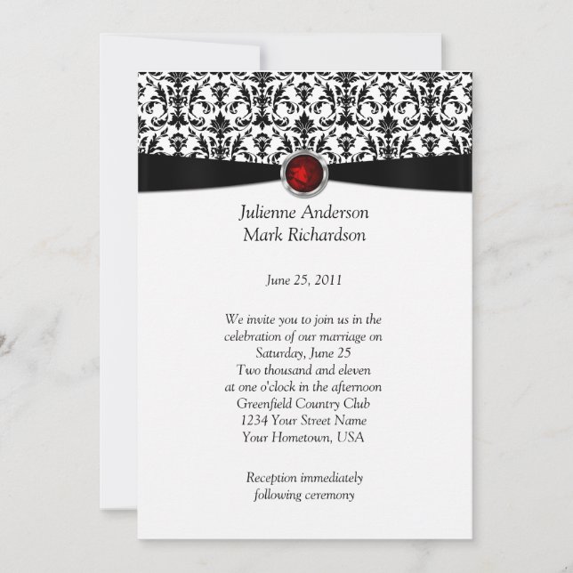Invitation du Mariage de Ruby Gemstone noir blanc (Devant)