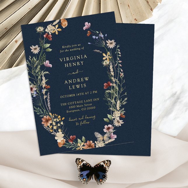 Invitation du Mariage d'or Boho de la Marine (Navy Blue Boho Floral Gold Wedding Foil Invitation by Painted Paperie
)