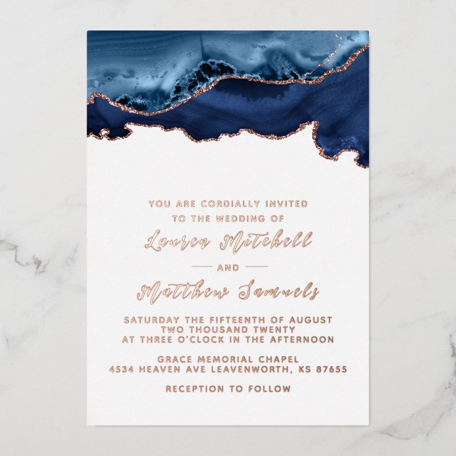 Invitation du Mariage Rose d'or bleu marine (Recto)