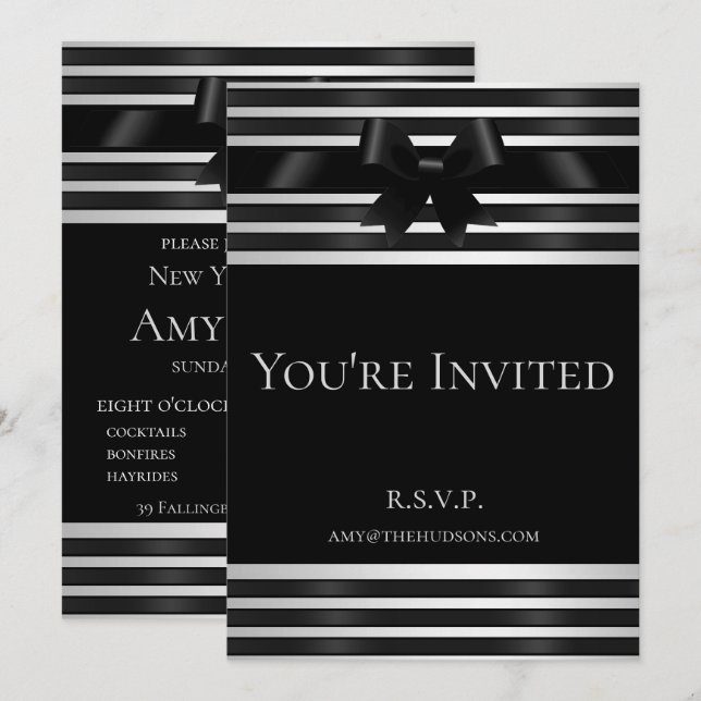 Invitation du Nouvel An à ruban noir et rayures bl (Devant / Derrière)